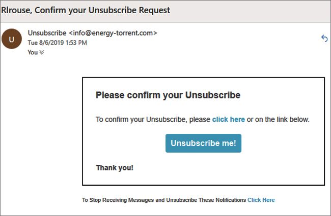 A fake unsubscribe email link as shown on Ricks Daily Tips